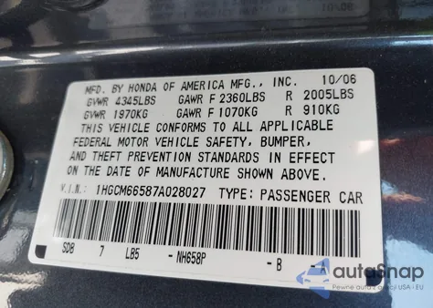 2007 Honda Accord 3.0 Ex from USA, damaged, VIN 1HGCM66587A028027